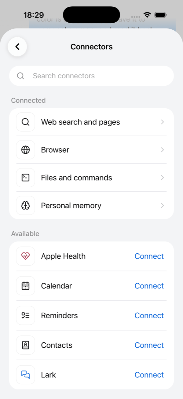 Connectors: Apple Health, Calendar, Reminders, Contacts and Lark